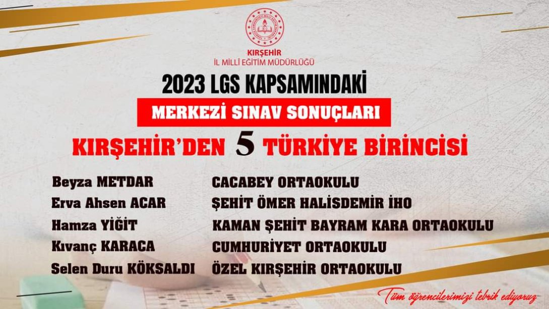 2023 LGS Merkezi Sınav'da Kırşehir'den 5 Türkiye Birincisi